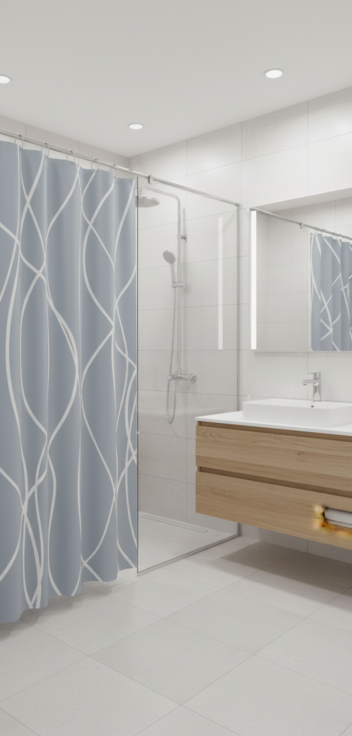 Rideau douche 96SH bleu clair lignes blanches - Salle de bain contemporaine