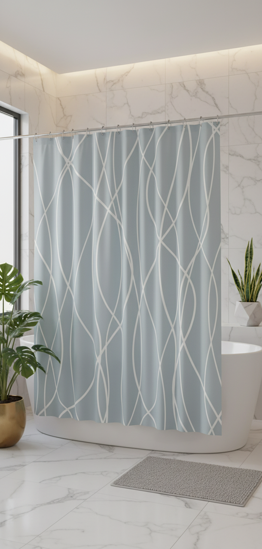 Rideau douche 96SH bleu clair lignes blanches - Salle de bain spa luxe