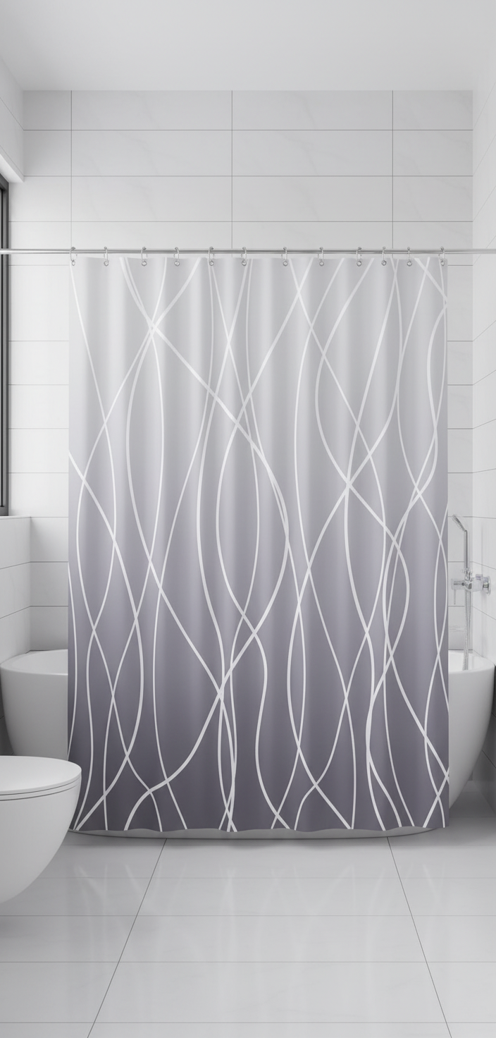 Rideau douche 97SH gris lignes blanches - Salle de bain minimaliste