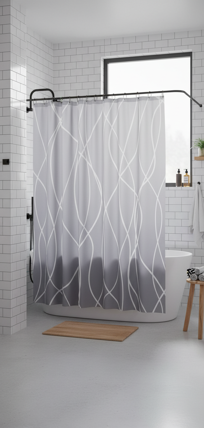 Rideau douche 97SH gris lignes blanches - Salle de bain scandinave