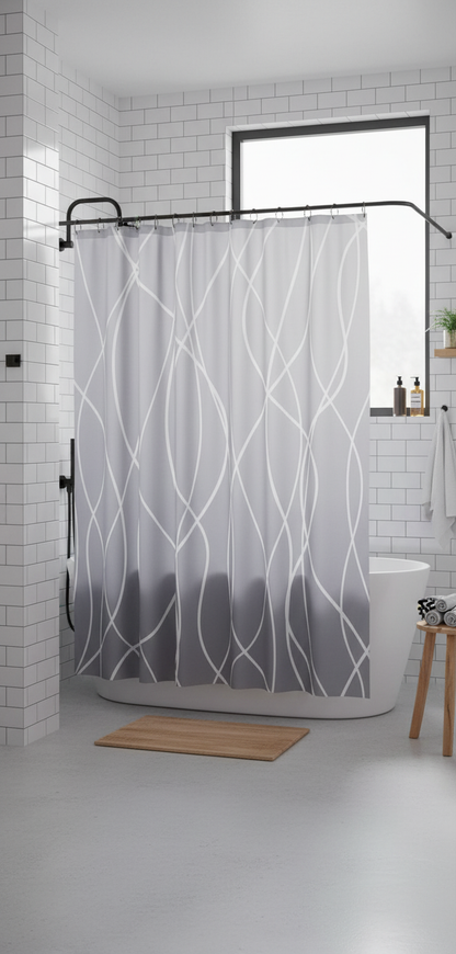 Rideau douche 97SH gris lignes blanches - Salle de bain scandinave