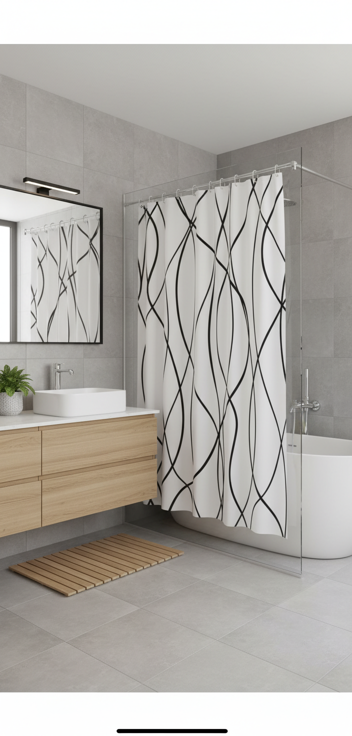 Rideau douche 99SH blanc lignes noires - Salle de bain contemporaine