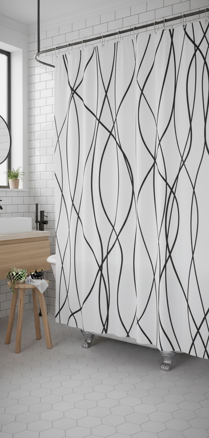 Rideau douche 99SH blanc lignes noires - Salle de bain scandinave