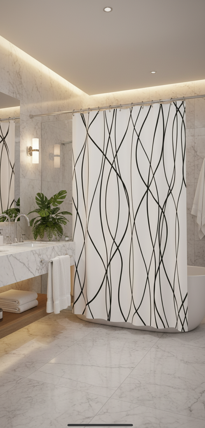 Rideau douche 99SH blanc lignes noires - Salle de bain spa luxe