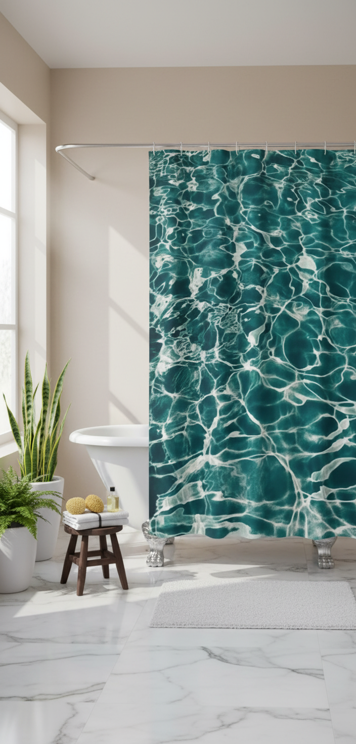 Rideau douche eau turquoise - Baignoire élégante 1