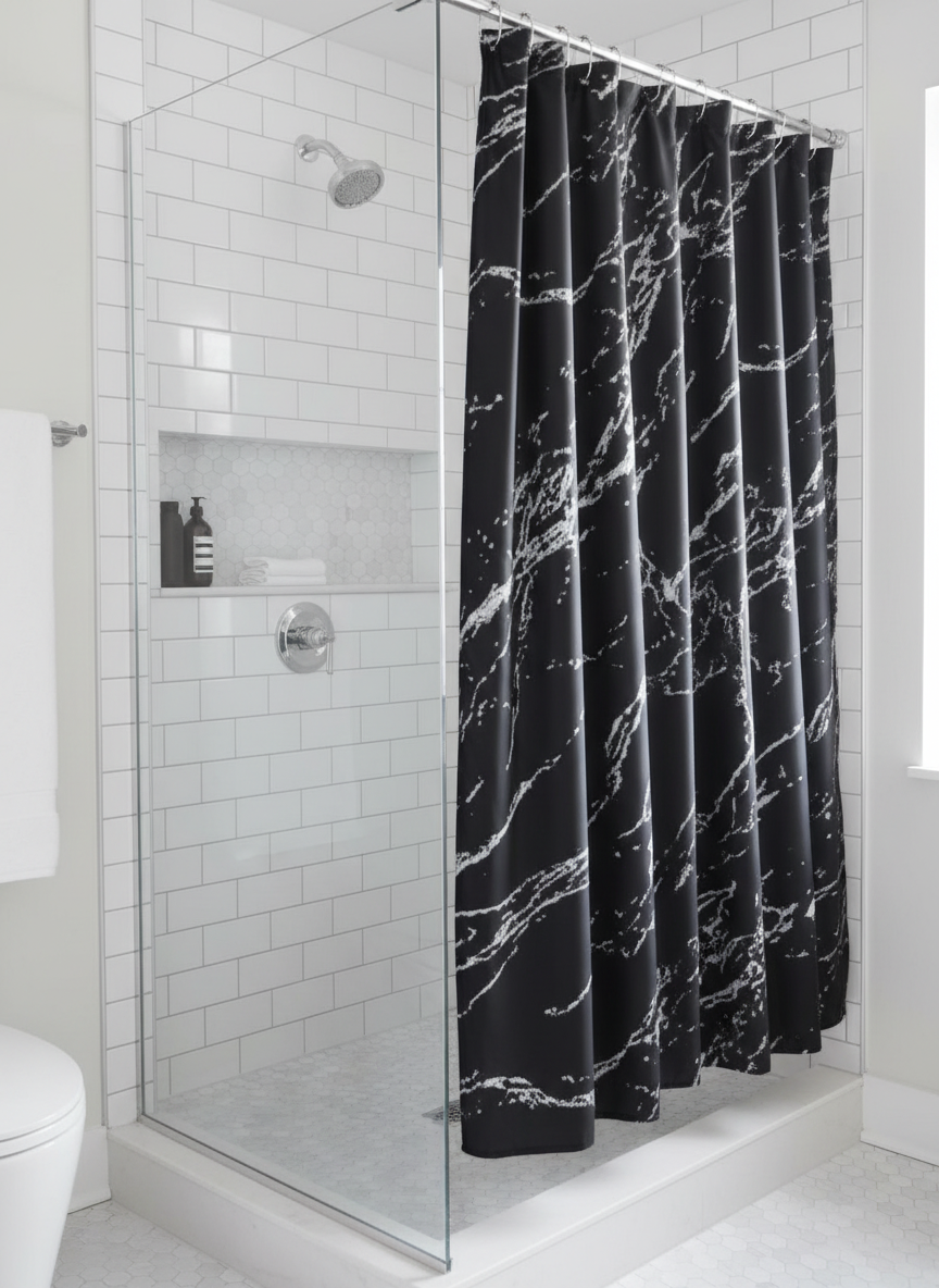 Rideau douche marbre noir blanc - Photo 2