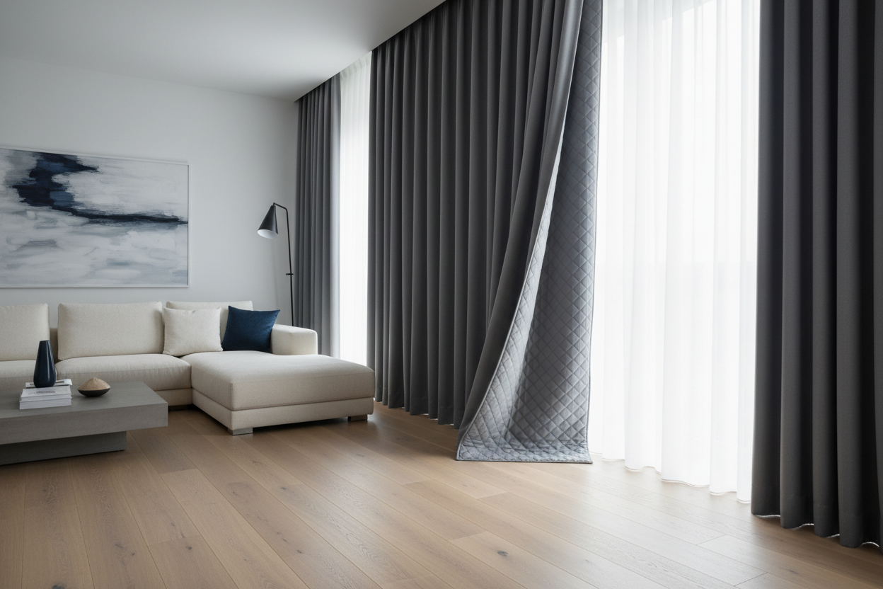 Rideau gris foncé matelassé salon moderne