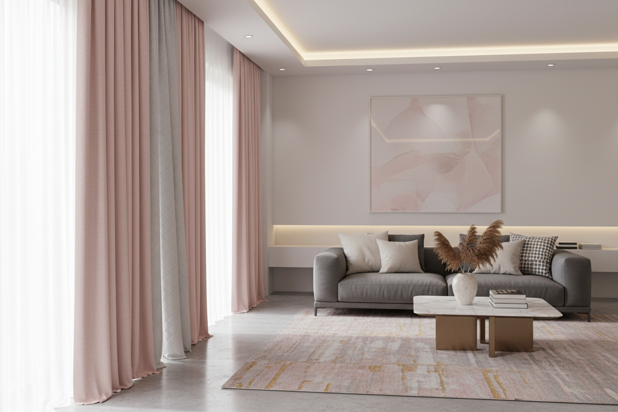 Rideau rose matelassé salon moderne