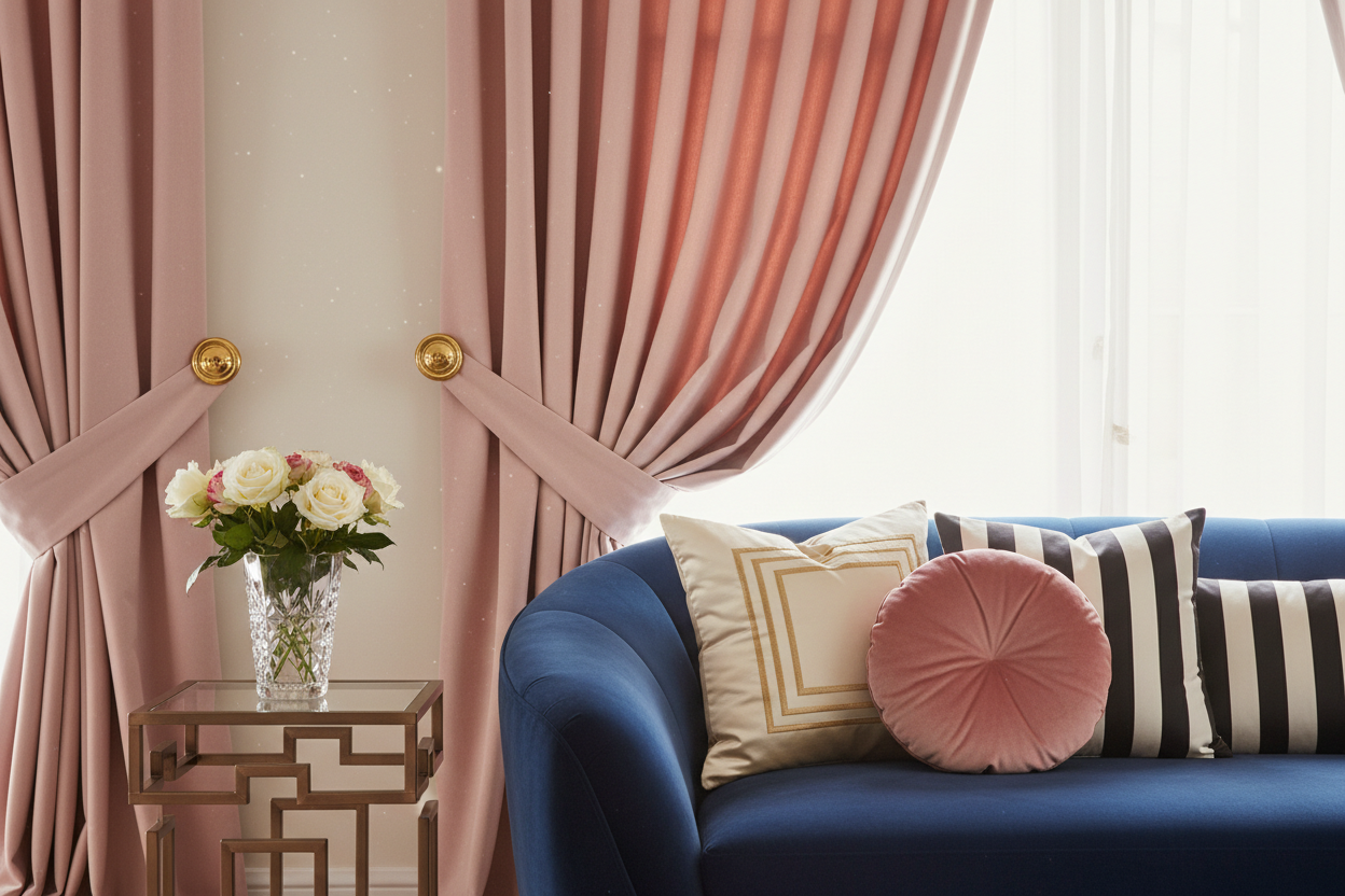 Rideau rose SIENNA - Détail salon design