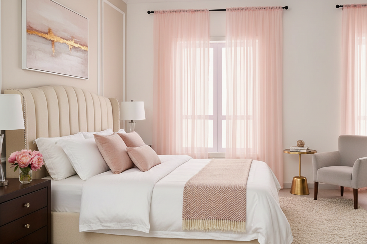 Rideau rose voilage Prestigia - Chambre principale élégante