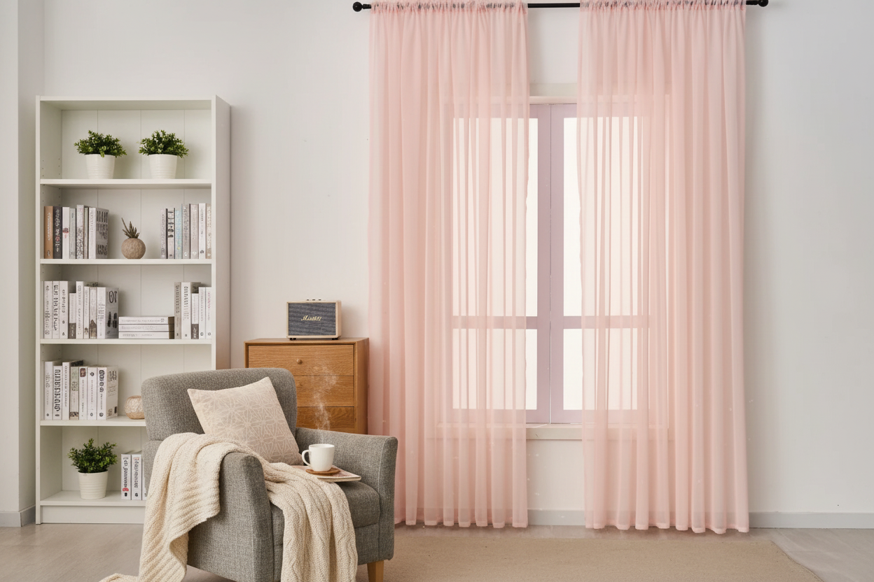 Rideau rose voilage Prestigia - Coin lecture cosy