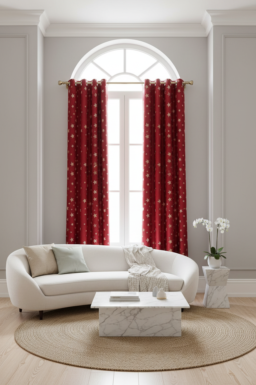 Rideau rouge vif étoile blanche - Espace spa-luxe très haute fenêtre