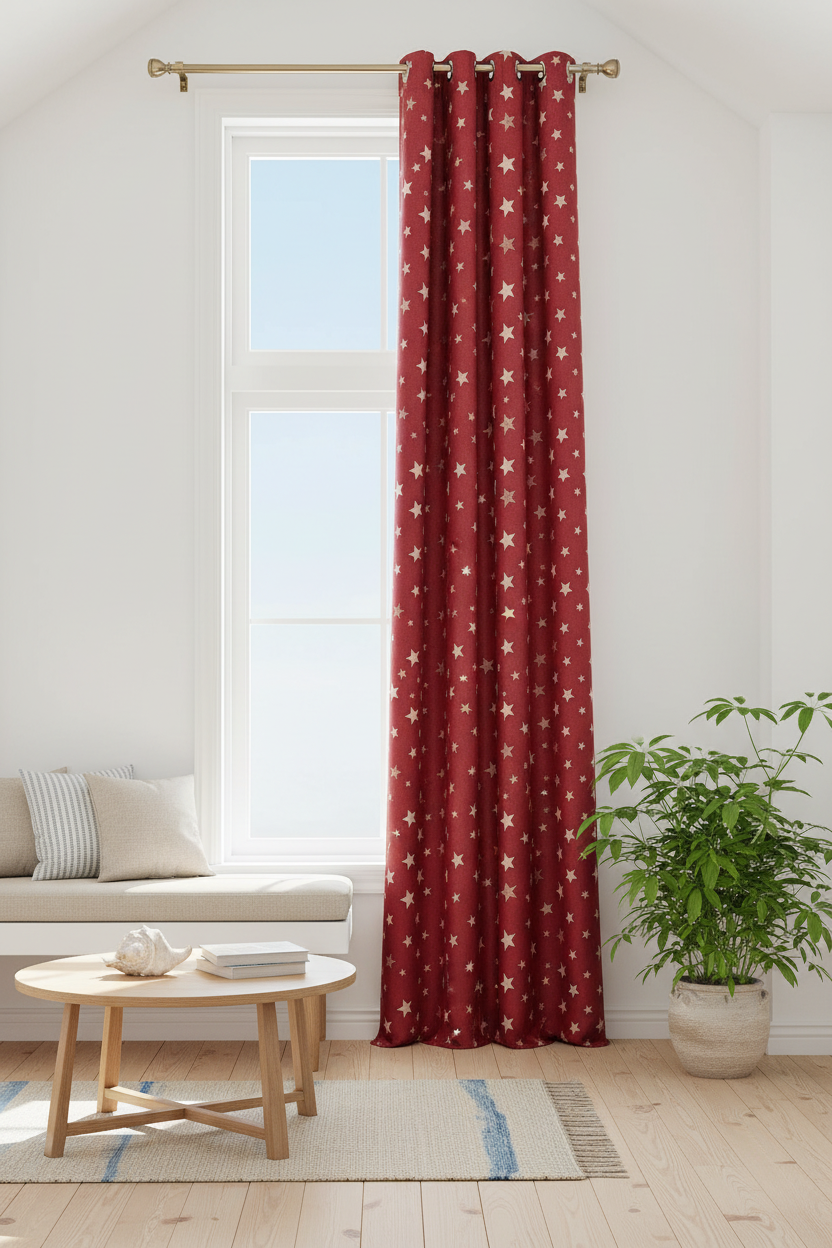Rideau rouge vif étoile blanche - Intérieur coastal très haute fenêtre