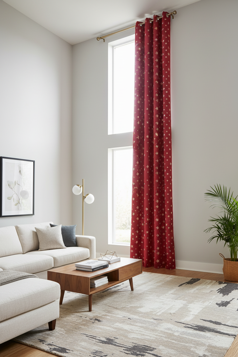 Rideau rouge vif étoile blanche - Très haute fenêtre contemporaine