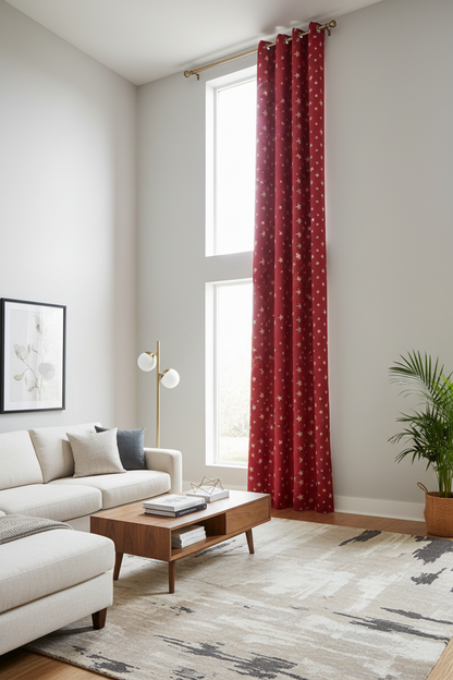 Rideau rouge vif étoile blanche - Très haute fenêtre contemporaine