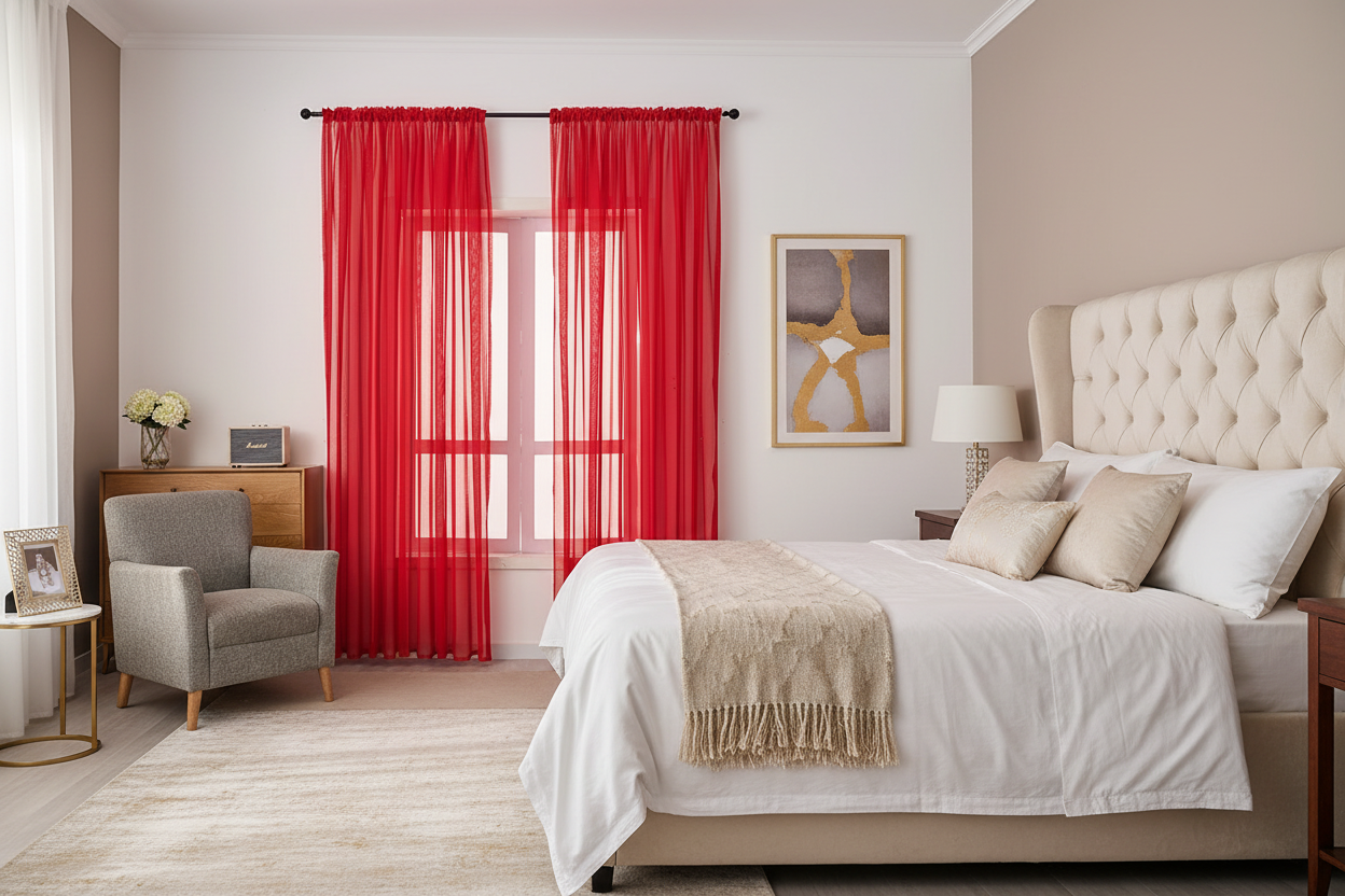 Rideau rouge voilage Prestigia - Chambre principale élégante
