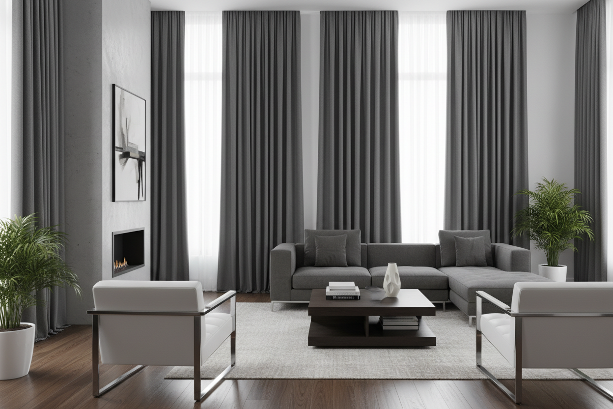 Rideau thermique gris foncé salon moderne