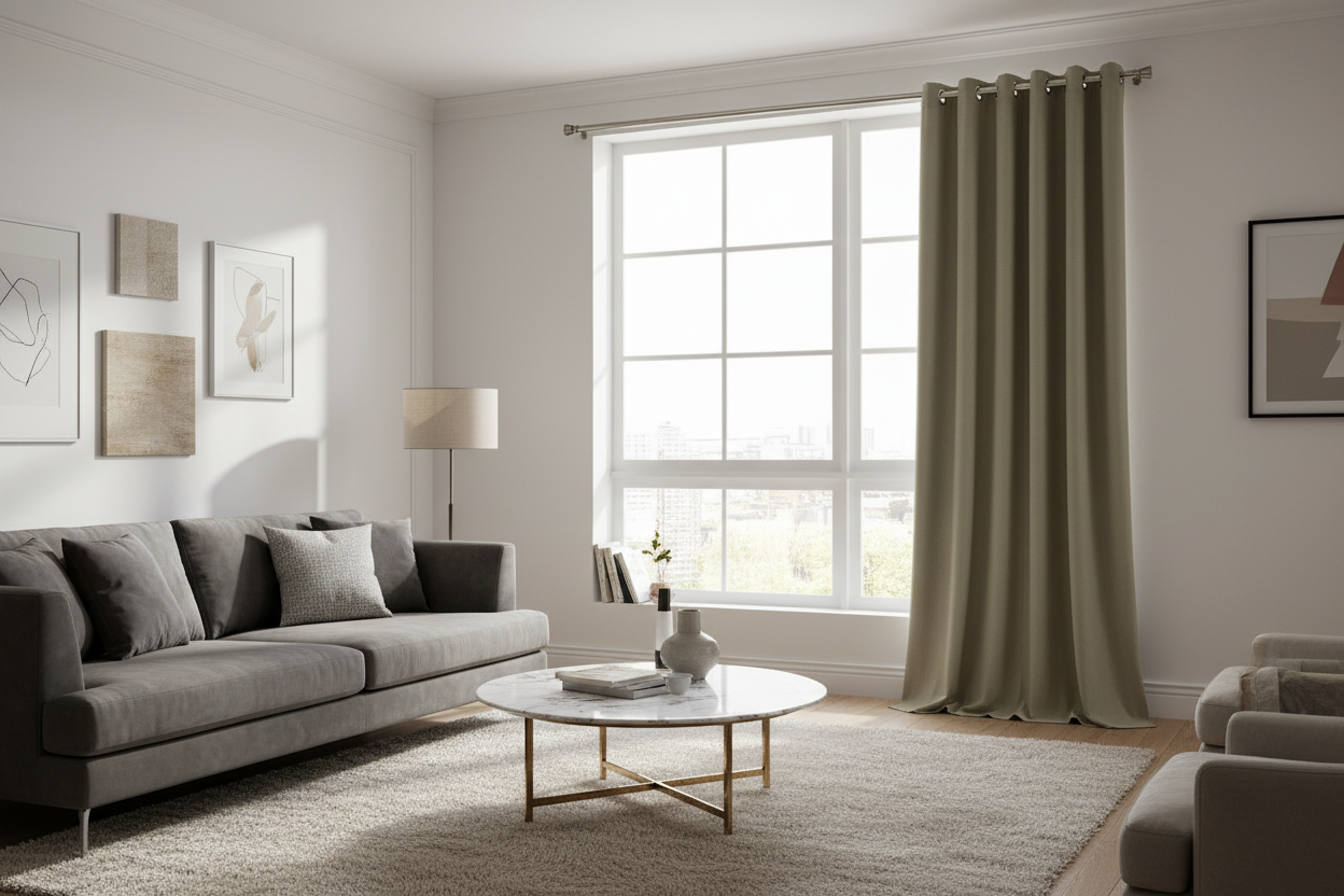 Rideau thermique taupe salon moderne