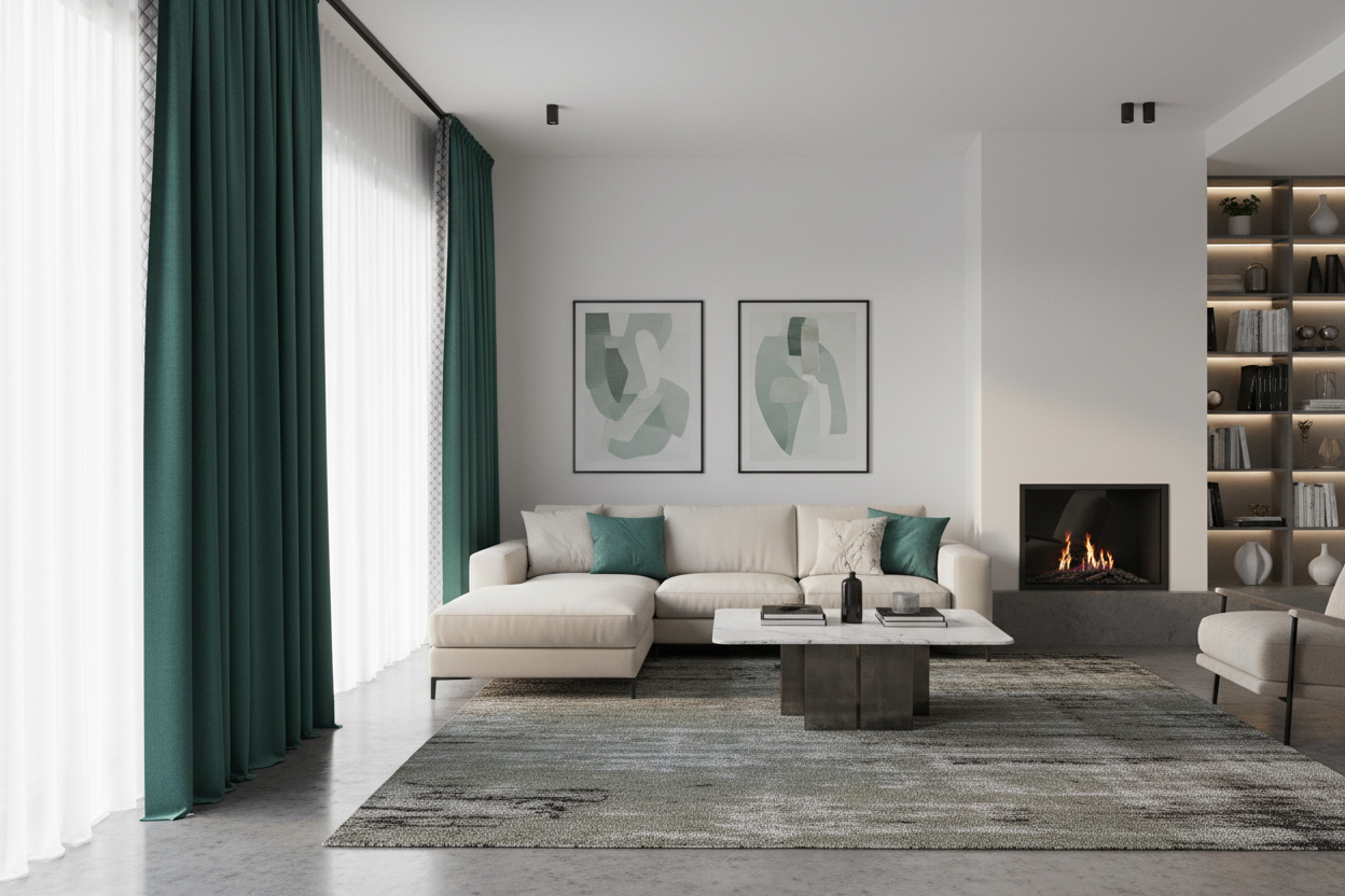 Rideau vert émeraude matelassé salon moderne