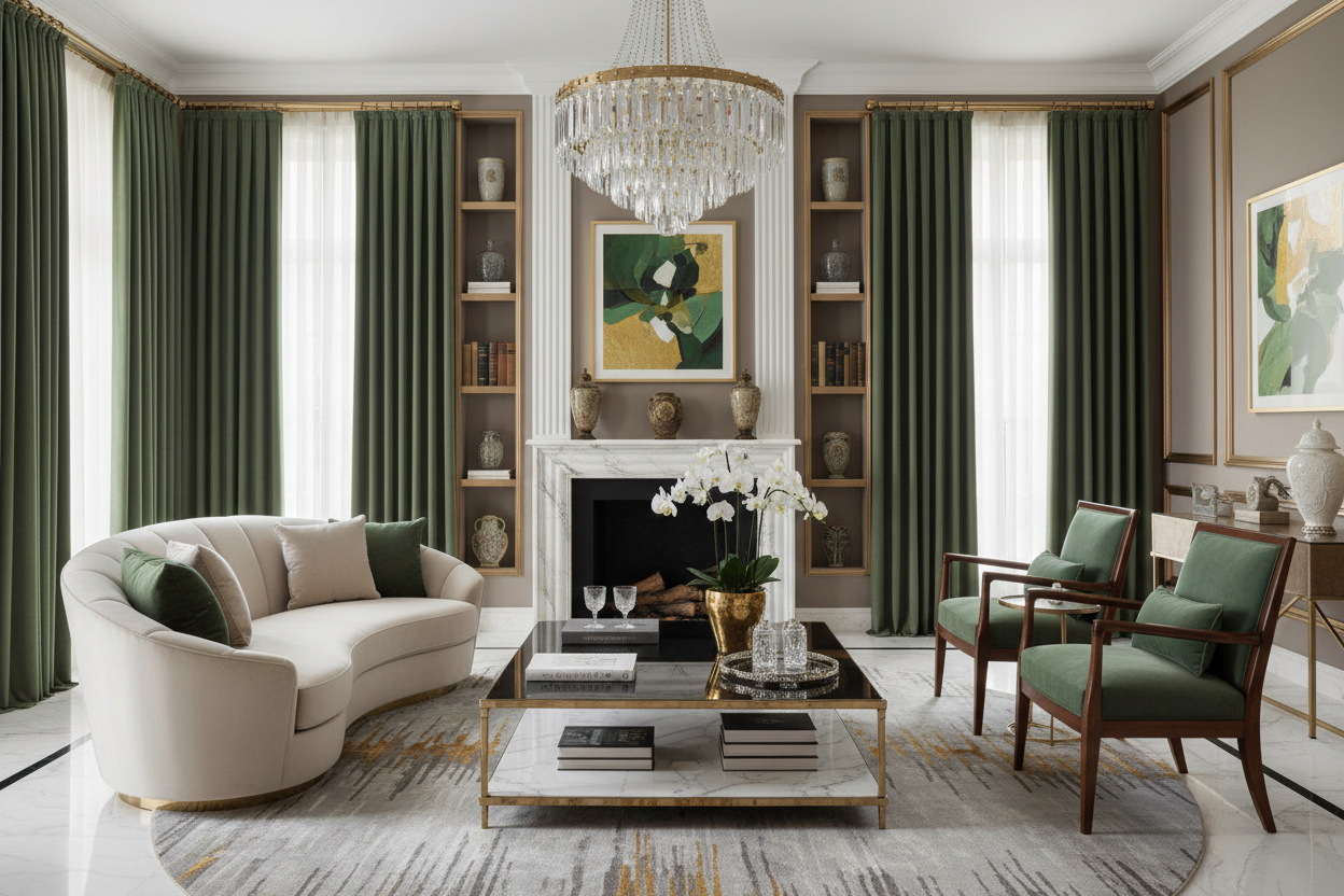 Rideau vert olive VERANO - Salon luxueux