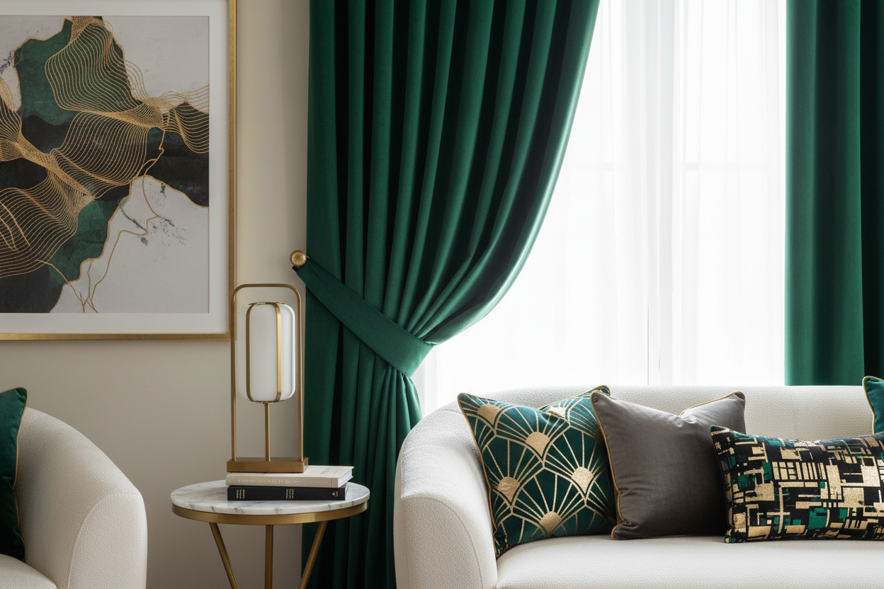 Rideau vert SIENNA - Détail salon design