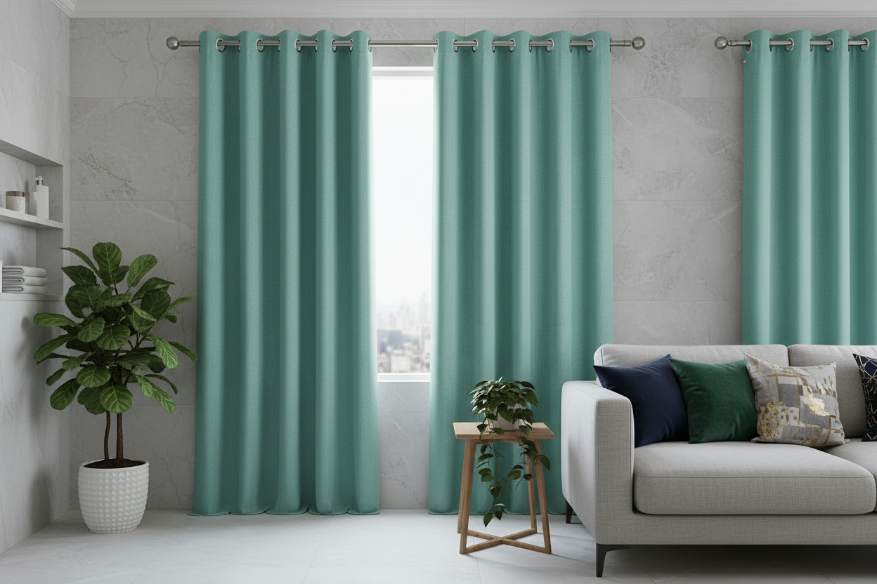 Rideau vert turquoise SIENNA - Détail salon