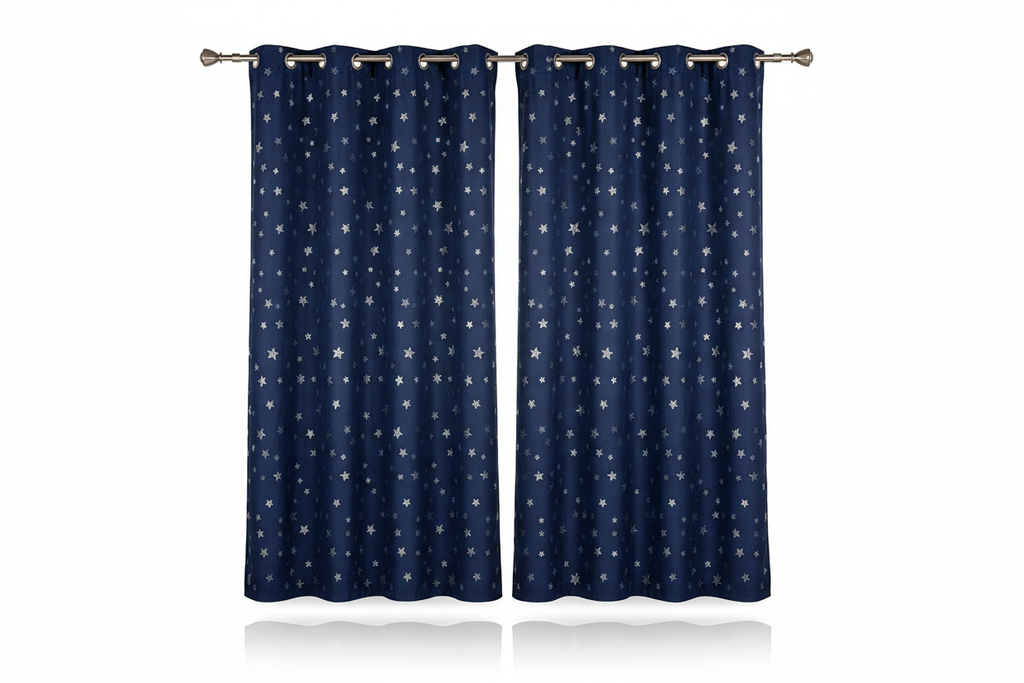 Rideaux bleu marine étoiles fond blanc
