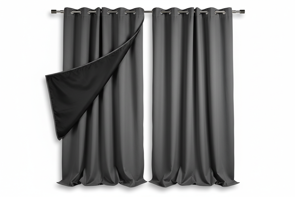 Rideaux gris foncé sur fond blanc avec doublure noire