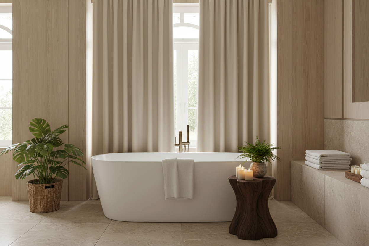 Salle de bain avec rideau beige AURA