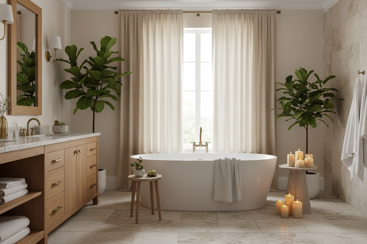 Salle de bain avec rideau beige SERENA 2