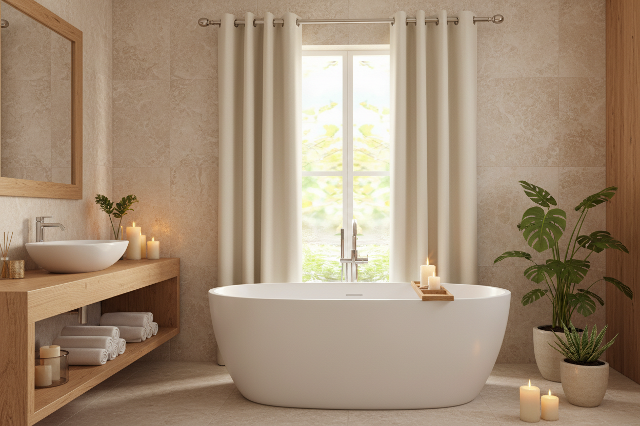 Salle de bain avec rideau beige VELINOR
