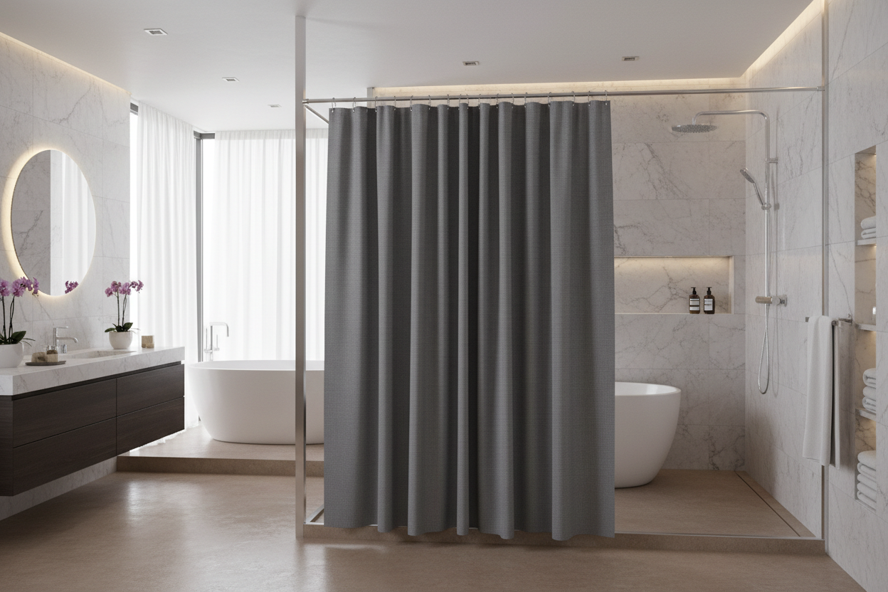 Salle de bain avec rideau de douche gris