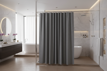 Salle de bain avec rideau de douche gris