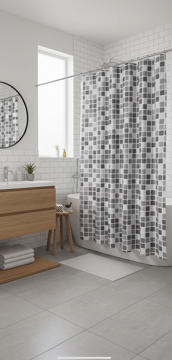 Salle de bain scandinave rideau mosaïque