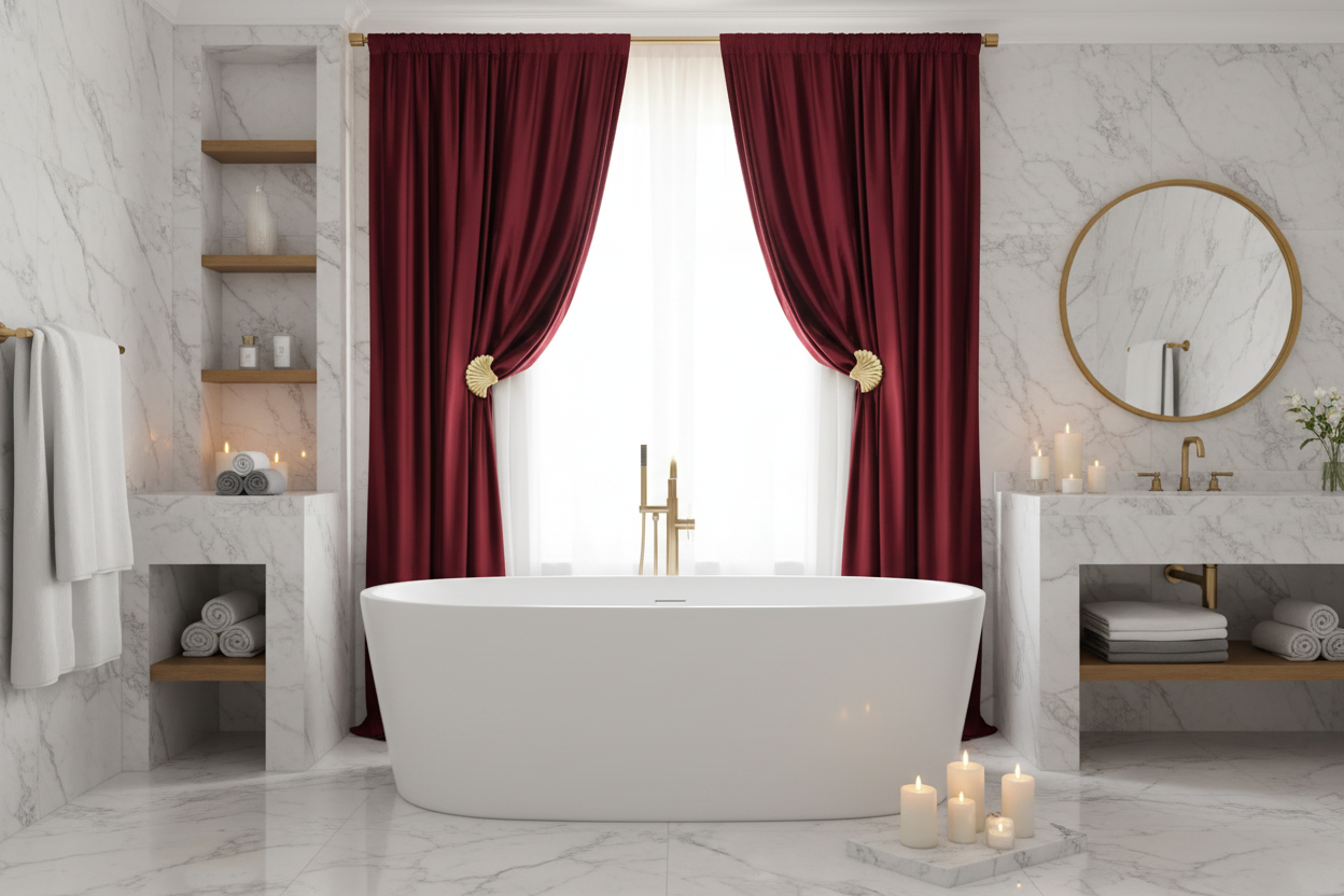 Salle de bain spa avec rideau bordeaux velours
