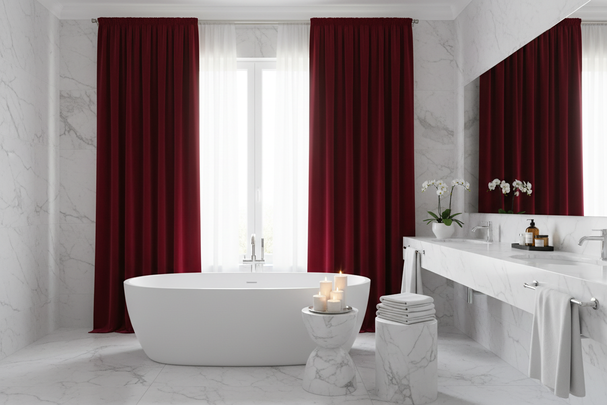 Salle de bain spa avec rideau bordeaux velours
