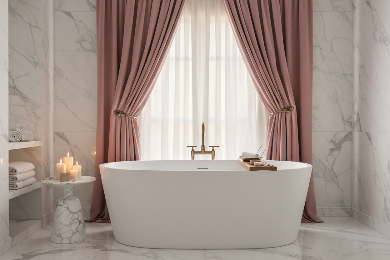 Salle de bain spa avec rideau rose velours