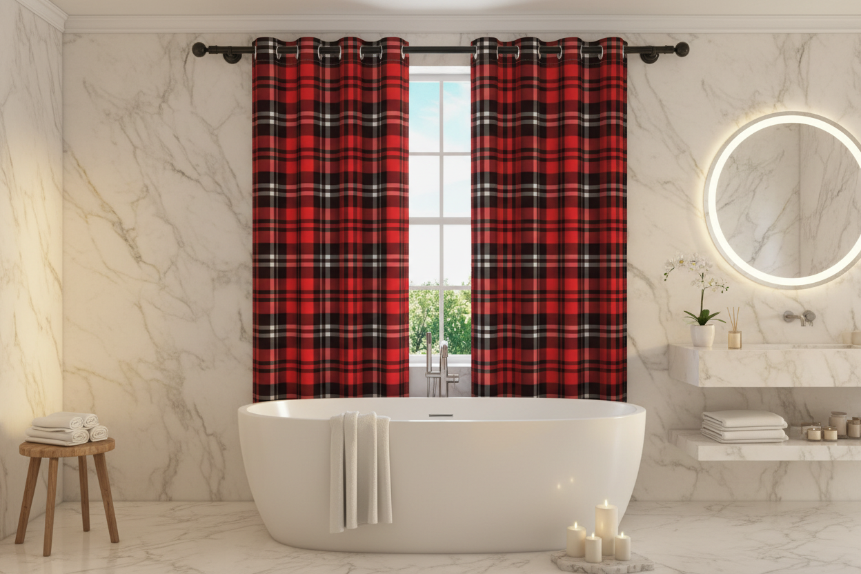 Salle de bain spa avec rideau rouge à carreaux jaunes