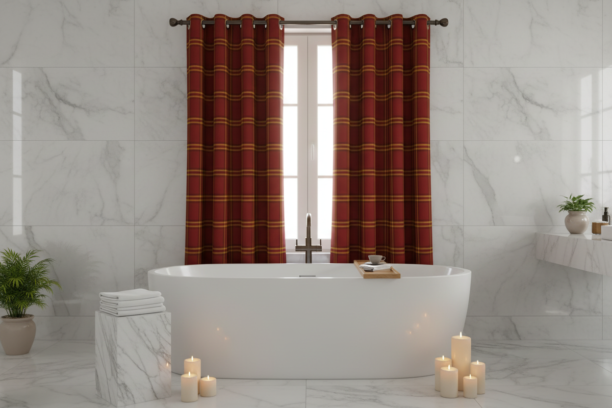 Salle de bain spa avec rideau rouge à carreaux jaunes