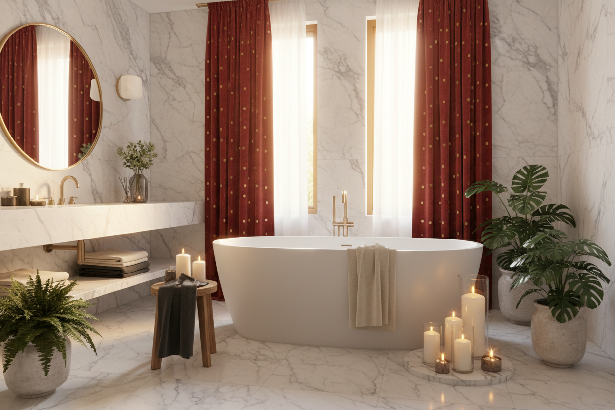 Salle de bain spa avec rideau rouge à points dorés