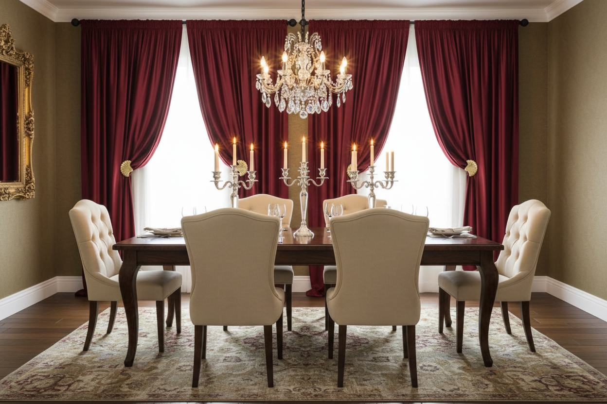 Salle à manger avec rideau bordeaux velours