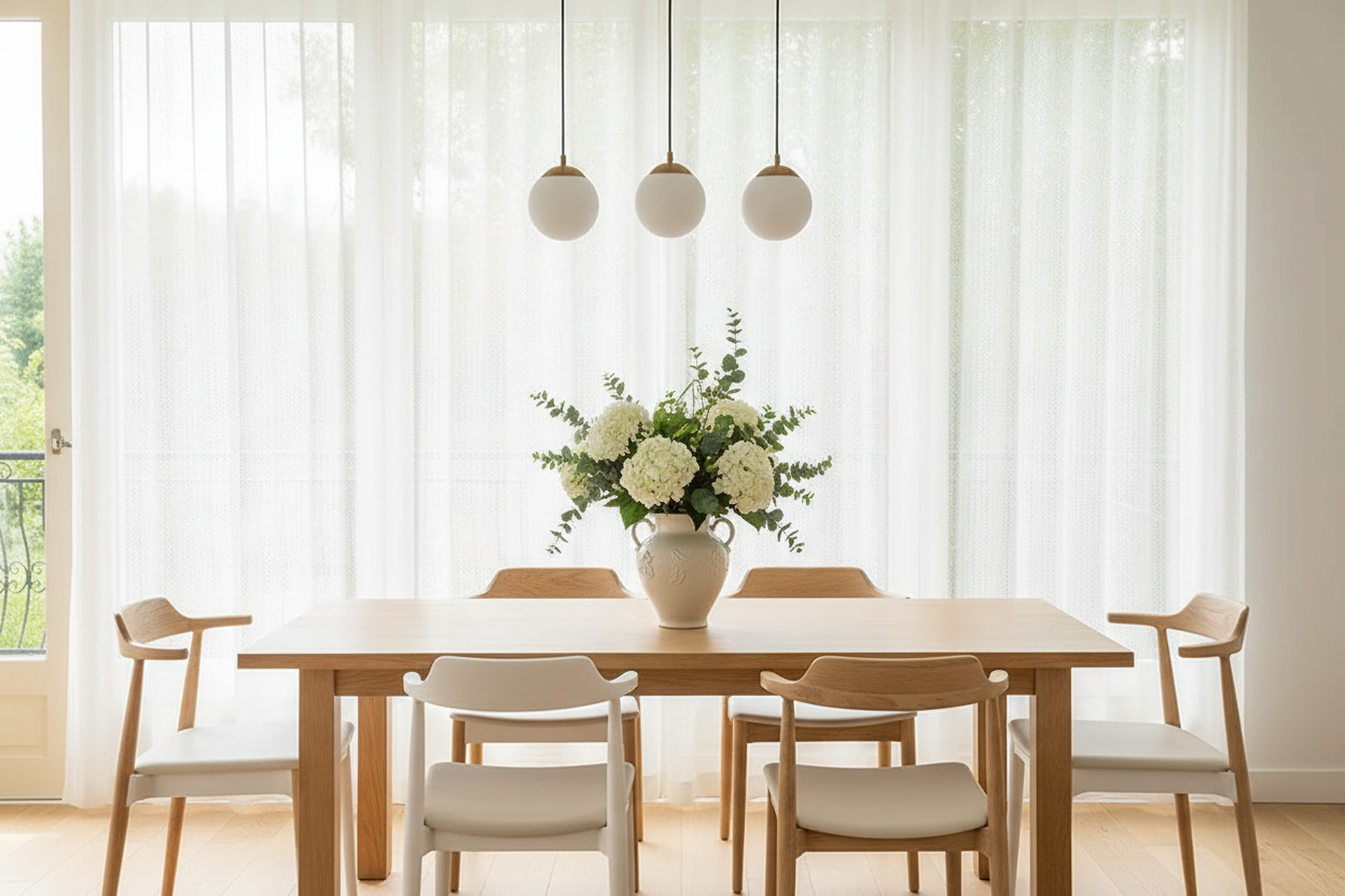 Salle à manger avec rideau Homyra ultra-transparent