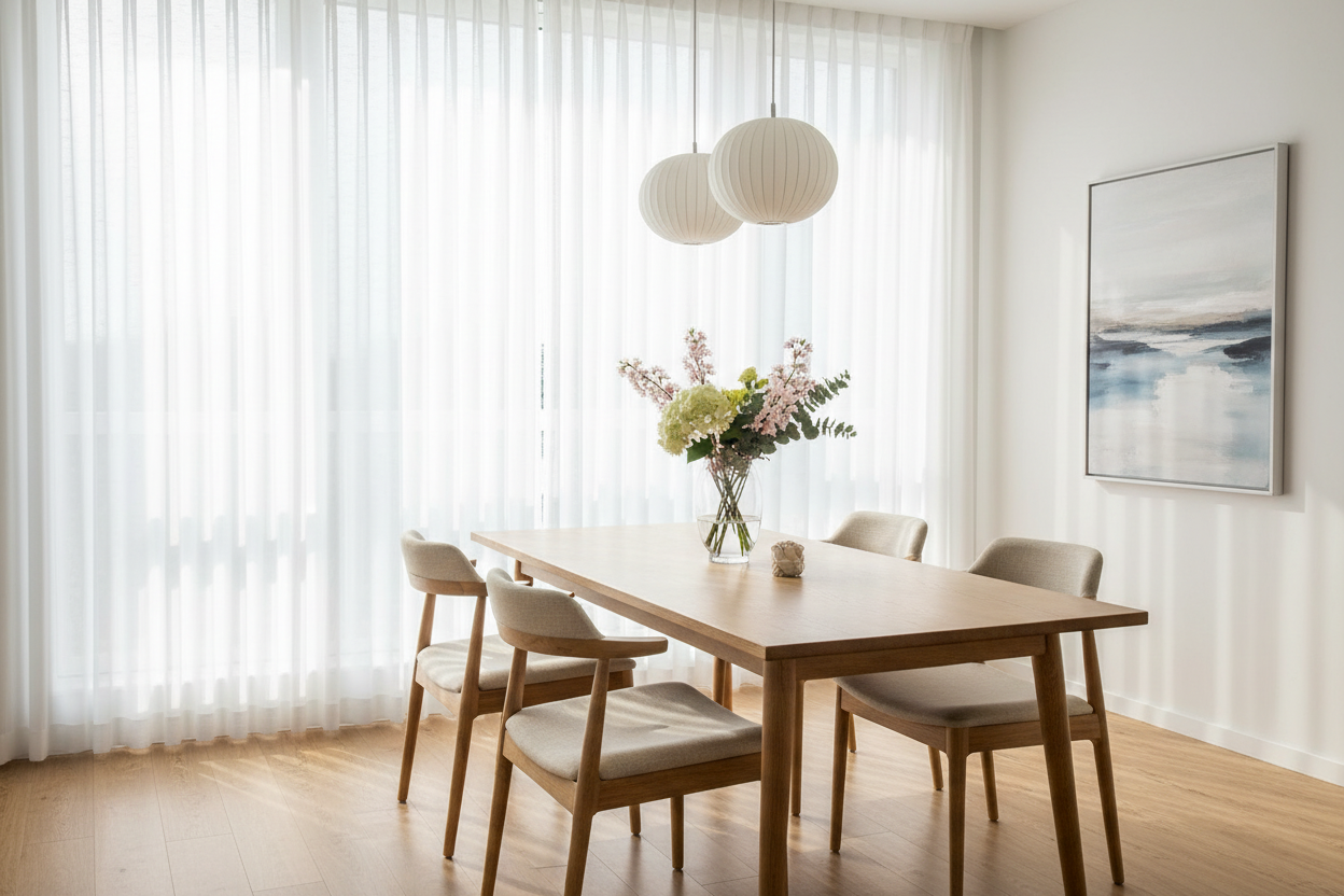 Salle à manger avec rideau Luxia à bandes verticales