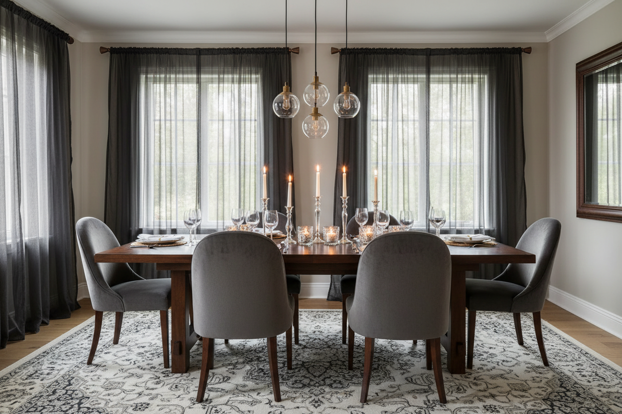 Salle à manger avec rideau noir voilage