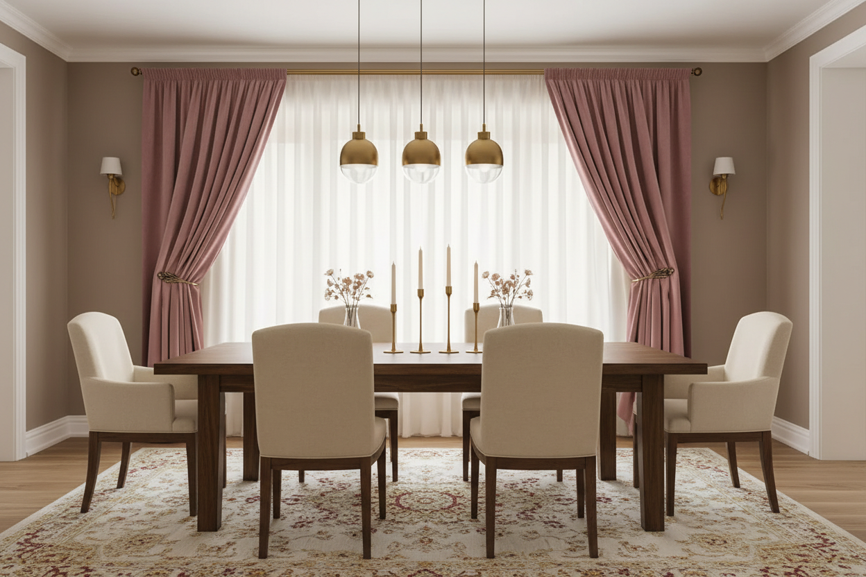 Salle à manger avec rideau rose velours