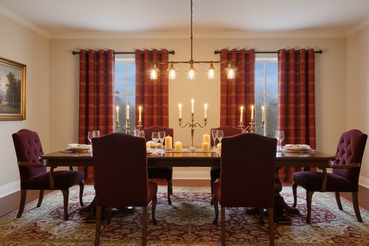 Salle à manger avec rideau rouge à carreaux jaunes