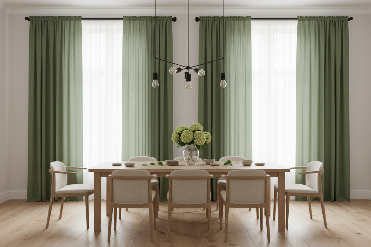 Salle à manger avec rideau vert romarin AURA