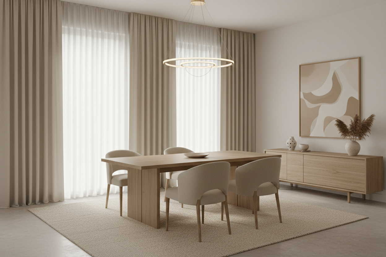 Salle à manger avec rideaux beige écru