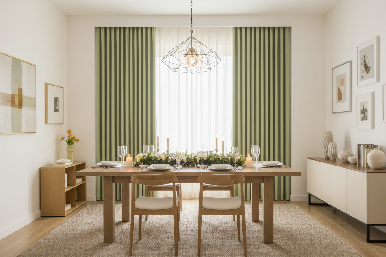 Salle à manger avec rideaux BELMOND vert romarin et anneaux