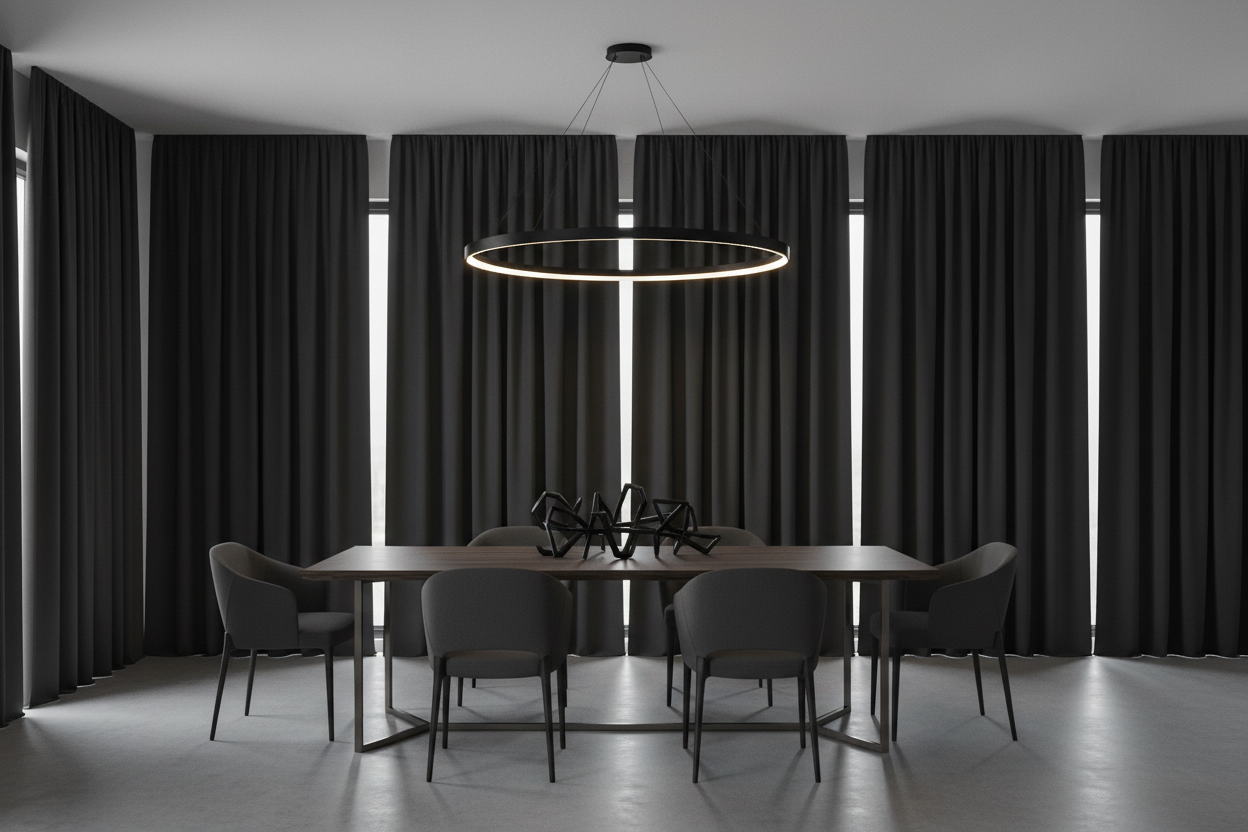 Salle à manger avec rideaux noirs